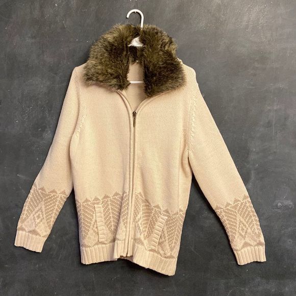 Cold water creek zipper cardigan with removable faux fur collar - Picture 1 of 13